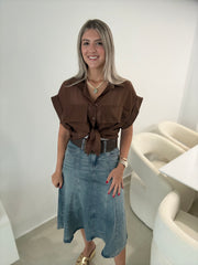DENIM STRETCHY BELTED SKIRT