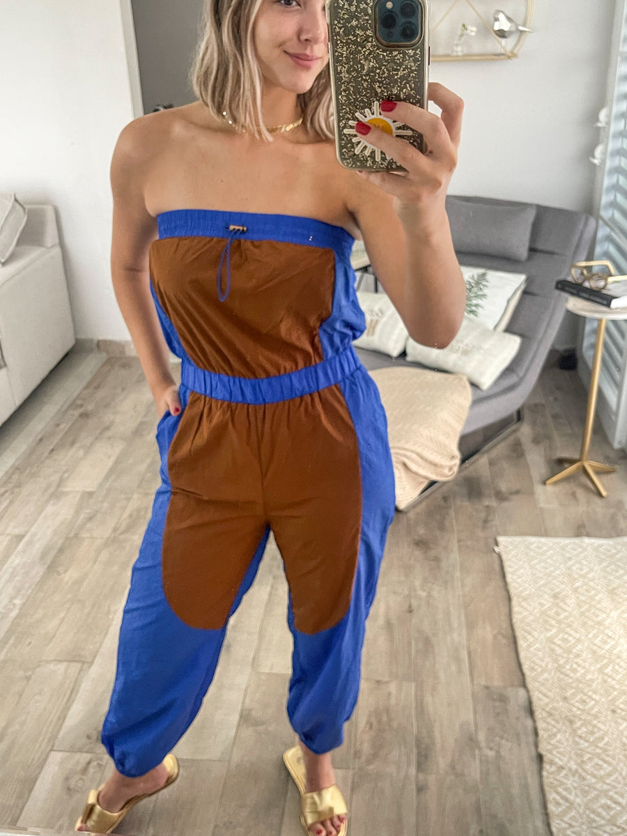 BLUE/BROWN STRAPLESS JUMPSUIT