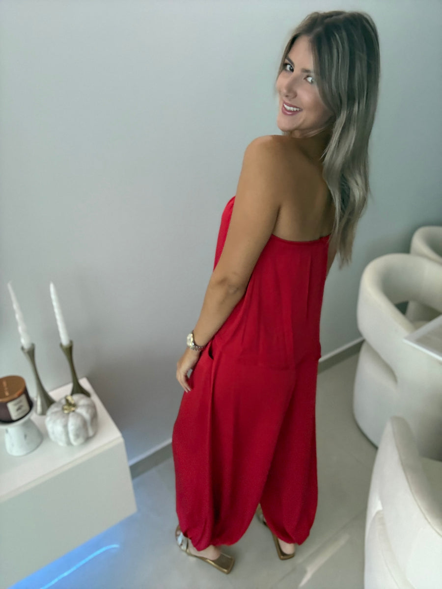 RED SATIN STRAPLESS TOP