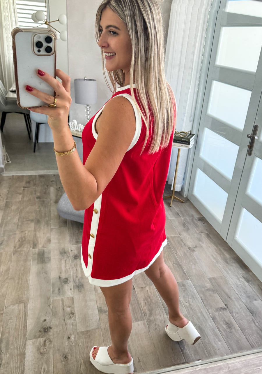 RED SIDE TRACK LINE STUDDED SHORT DRESS