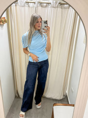 BLUE MESH RUCHED BLOUSE
