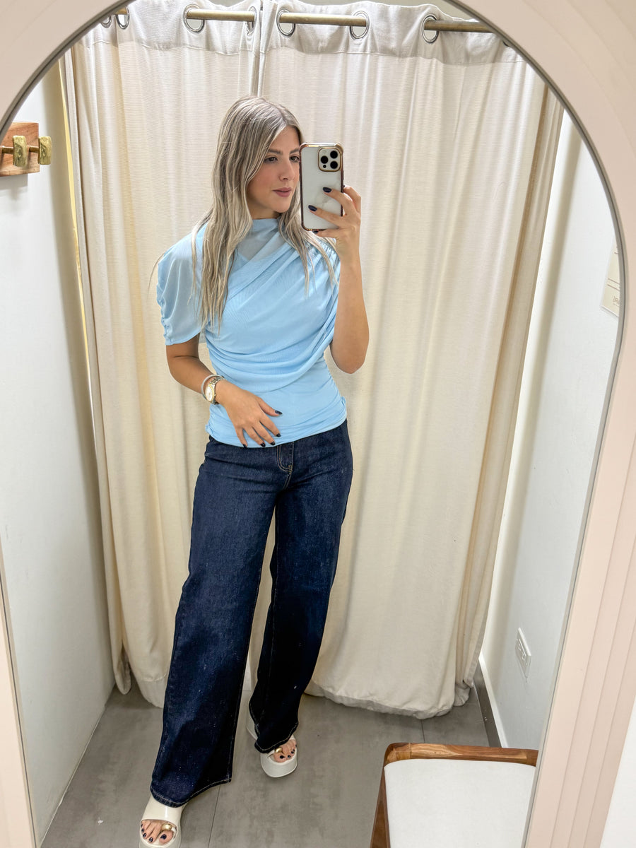 BLUE MESH RUCHED BLOUSE
