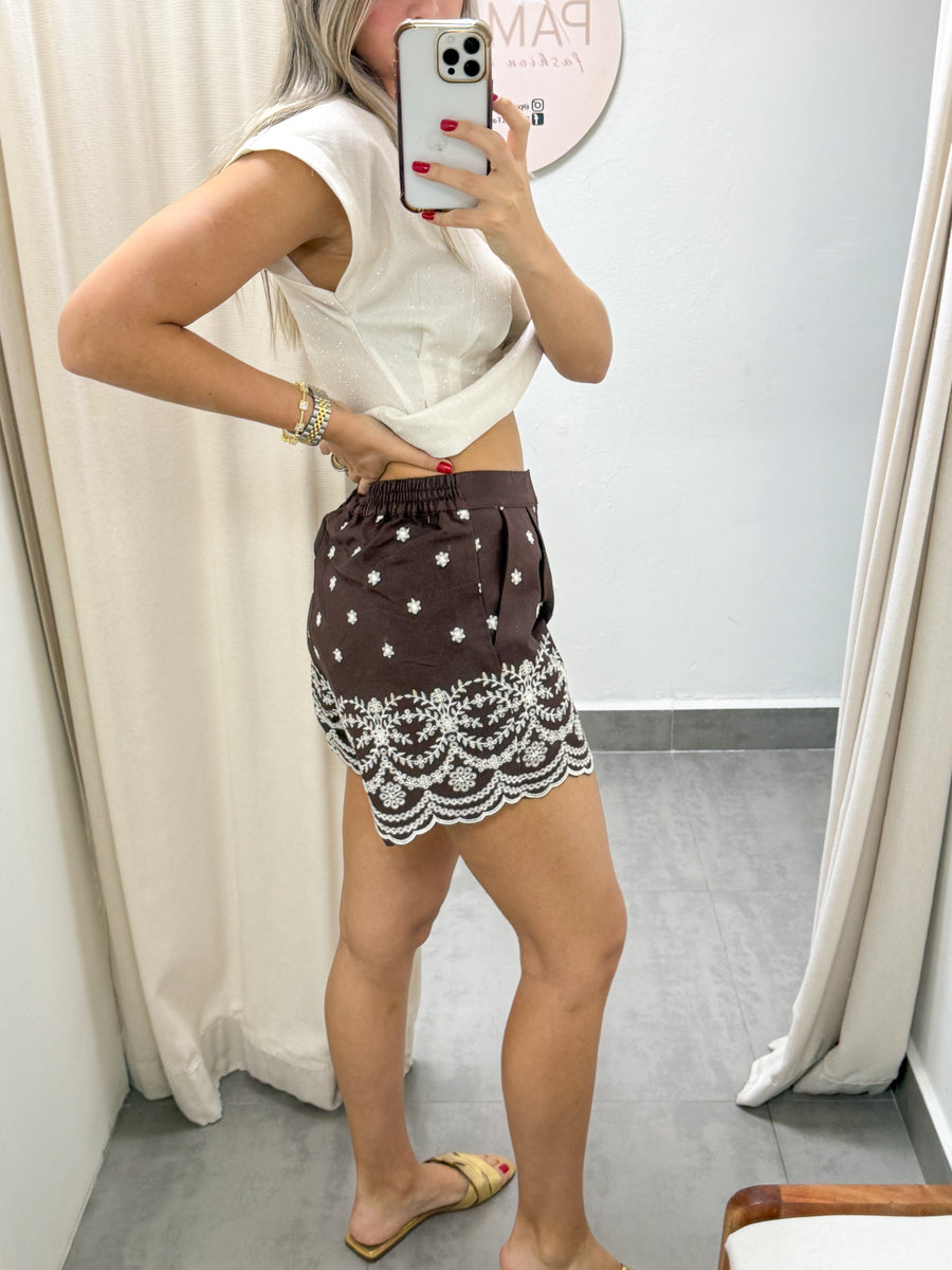 BROWN EMBROIDED SHORTS