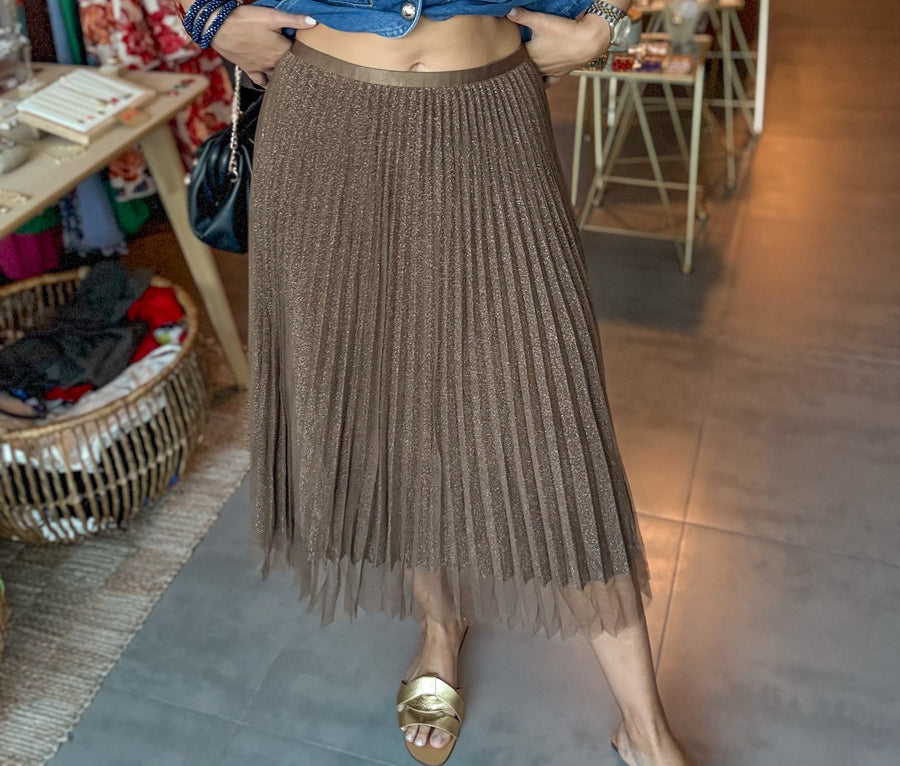 BROWN GLITTERY PLEATED MESH SIKIRT