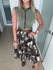 CAMO ASYMMETRIC BELTED SKIRT