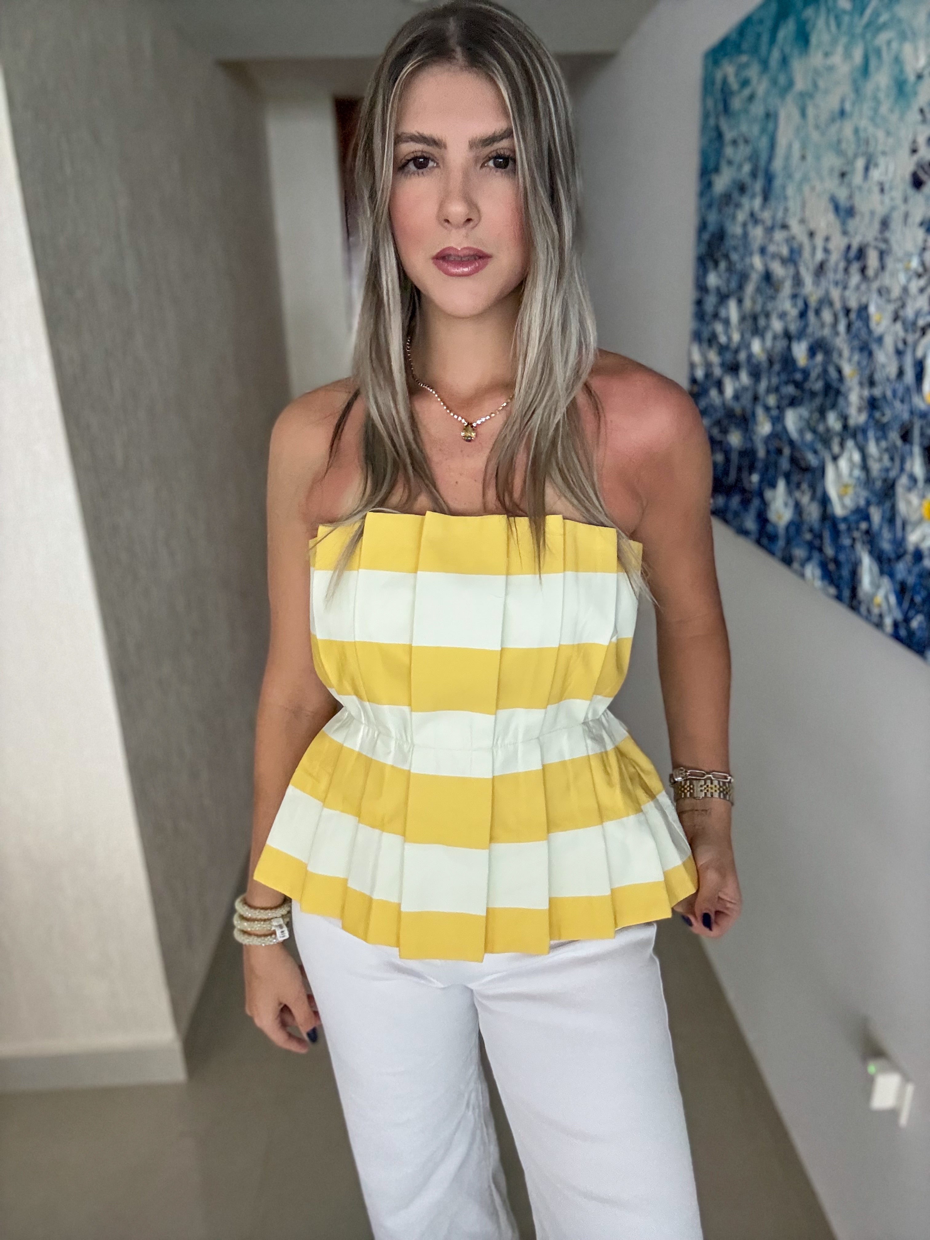 YELLOW/WHITE PLEATED STRAPLESS BLOUSE
