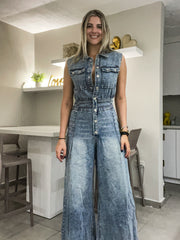 DENIM BLUE WIDE LEG SLEEVELESS JUMPSUIT