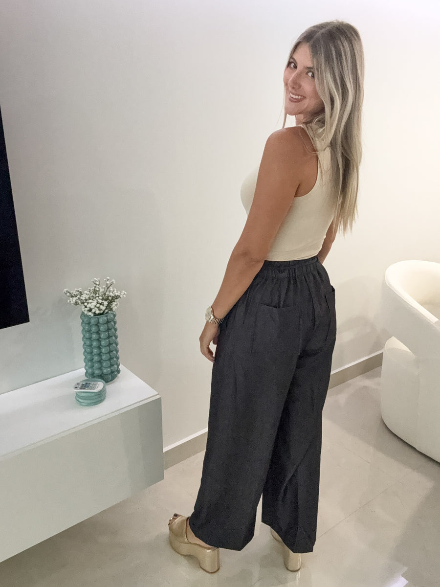 BLACK DENIM WIDE LEG PANTS