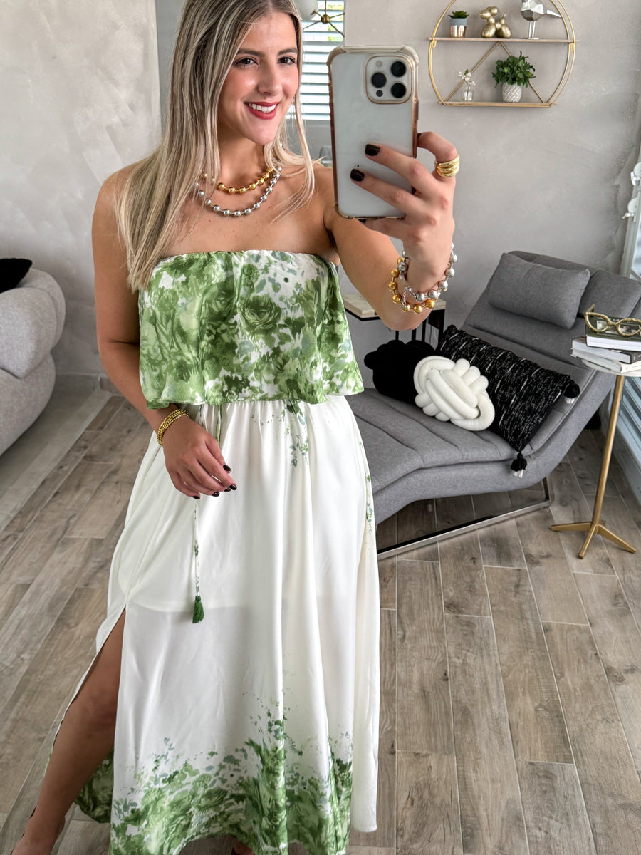 STRAPLESS GREEN/IVORY PRINTED MAXI DRESS