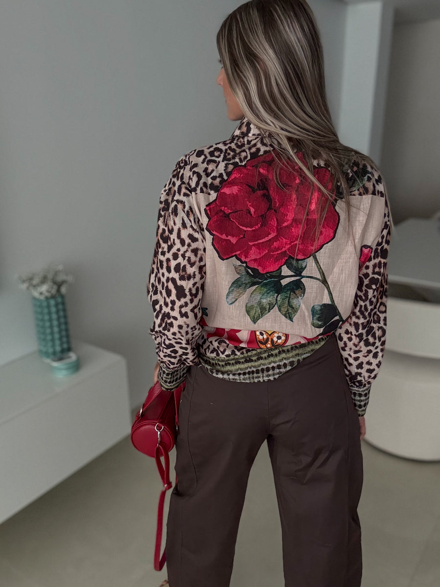 LEOPARD/RED FLOWER LEOPARD TUNIC BLOUSE