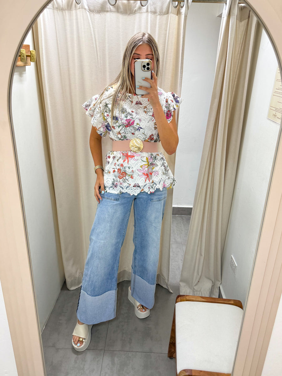 FLOWER PRINTED LACE BLOUSE