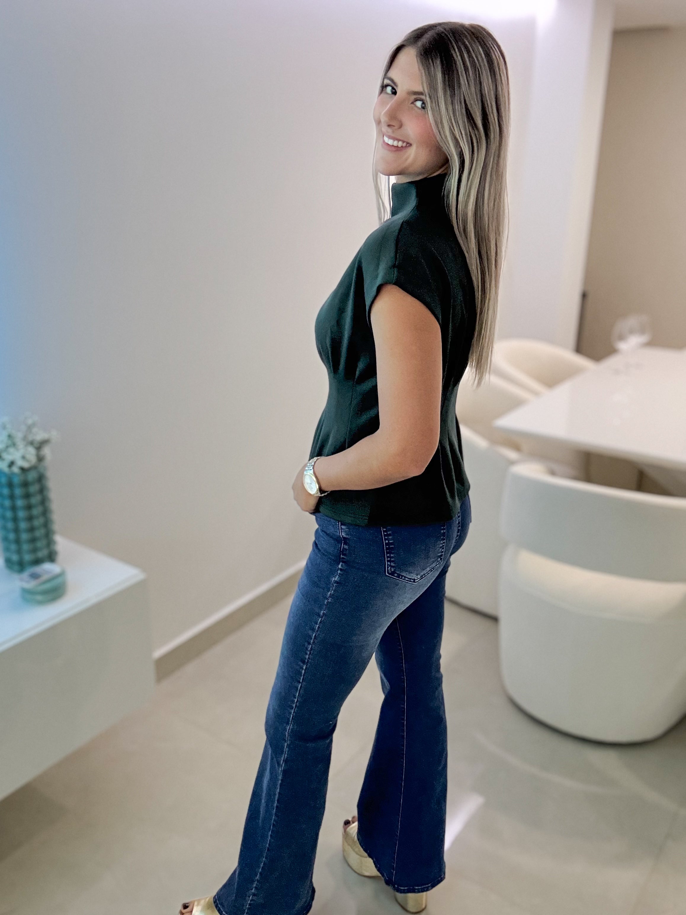 HUNTER GREEN STRETCHY TAILORED BLOUSE
