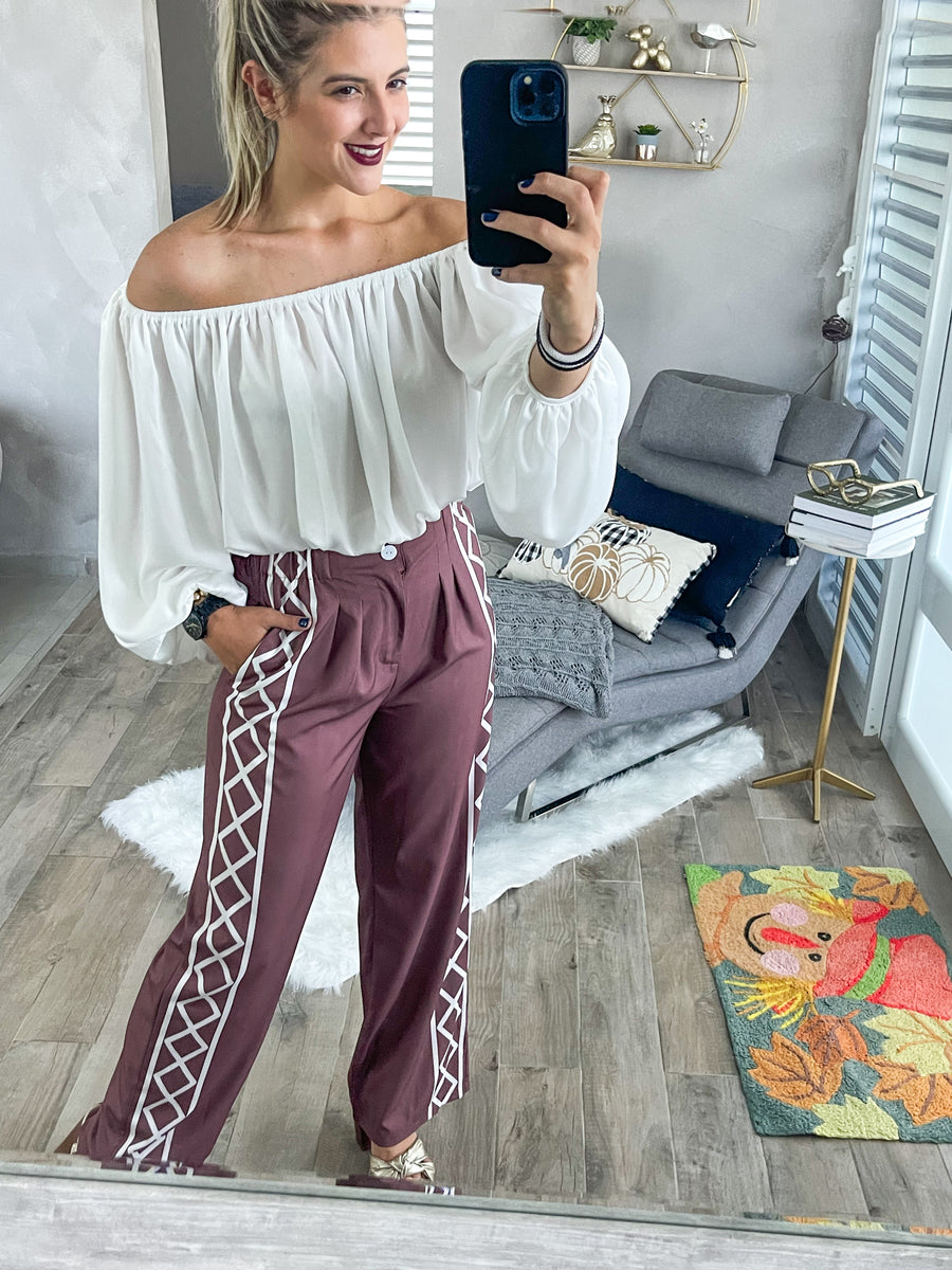 BROWN SIDE DETAILED WIDE LEGGED PANTS