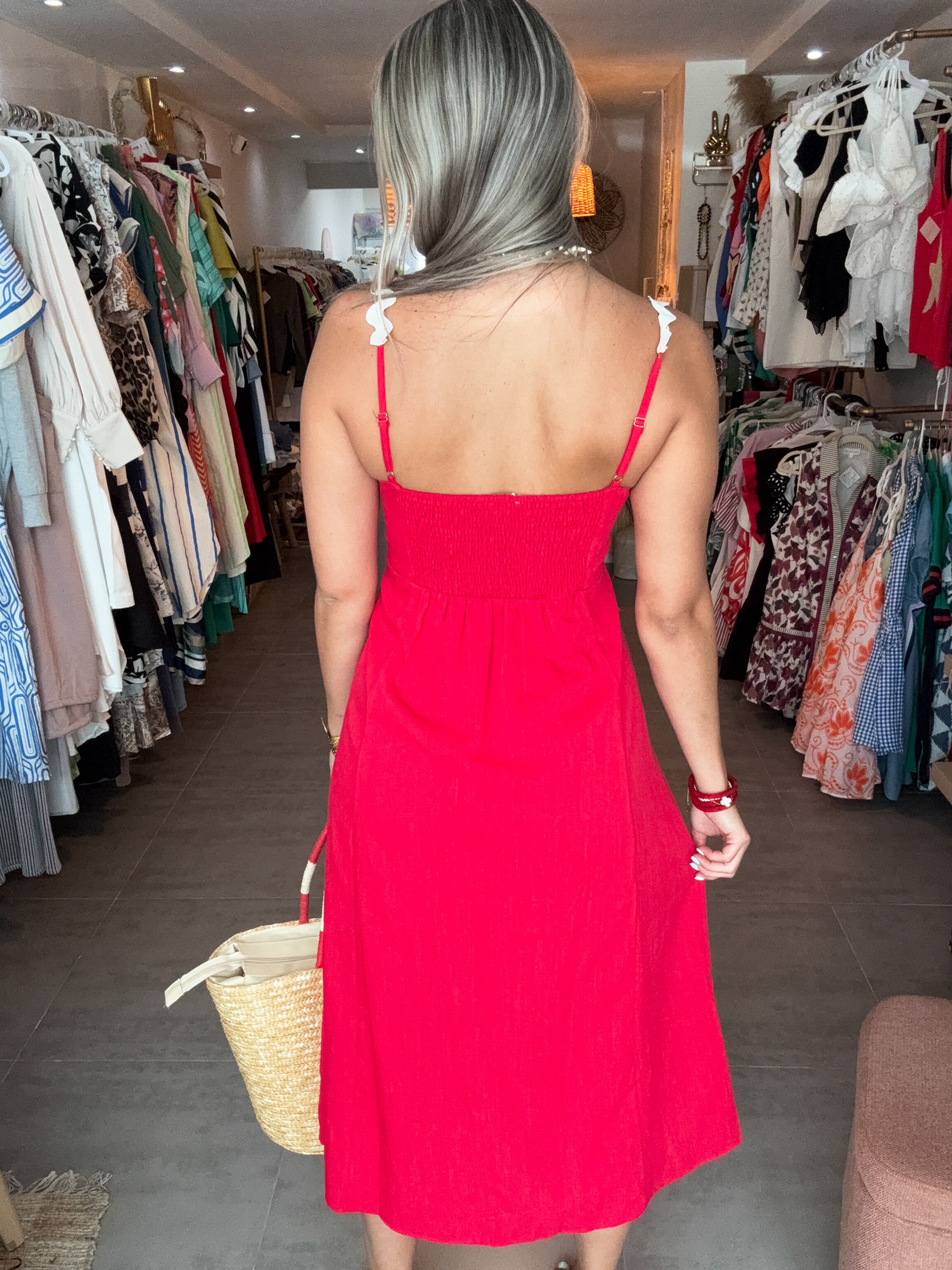 RED TRIMMED MIDI DRESS