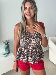 LEOPARD RED SHOULDER TIED BUBBLE BLOUSE
