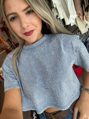 DENIM BLUE RHINESTONES CROP TSHIRT