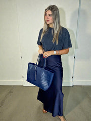 NAVY SATIN SKIRT