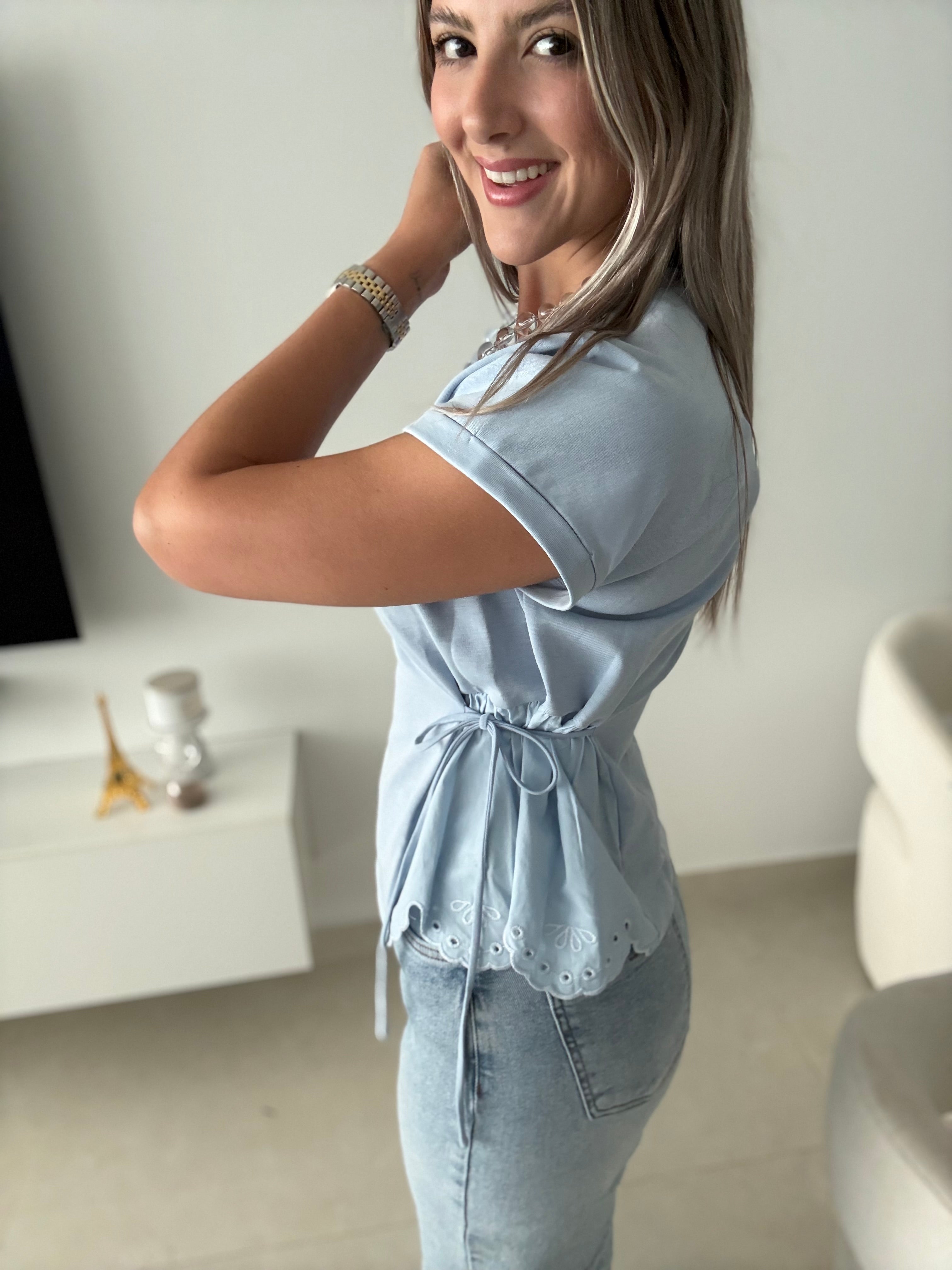 BLUE CINCHED BLOUSE