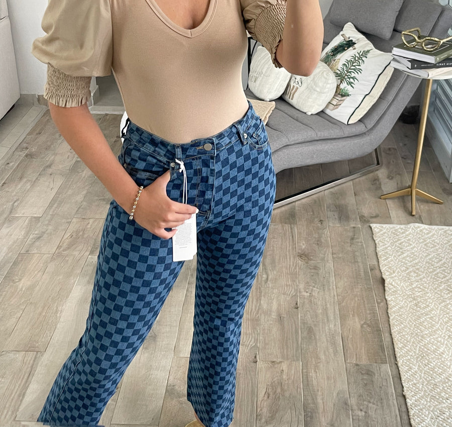 CHECKERED DENIM FLARE JEAN