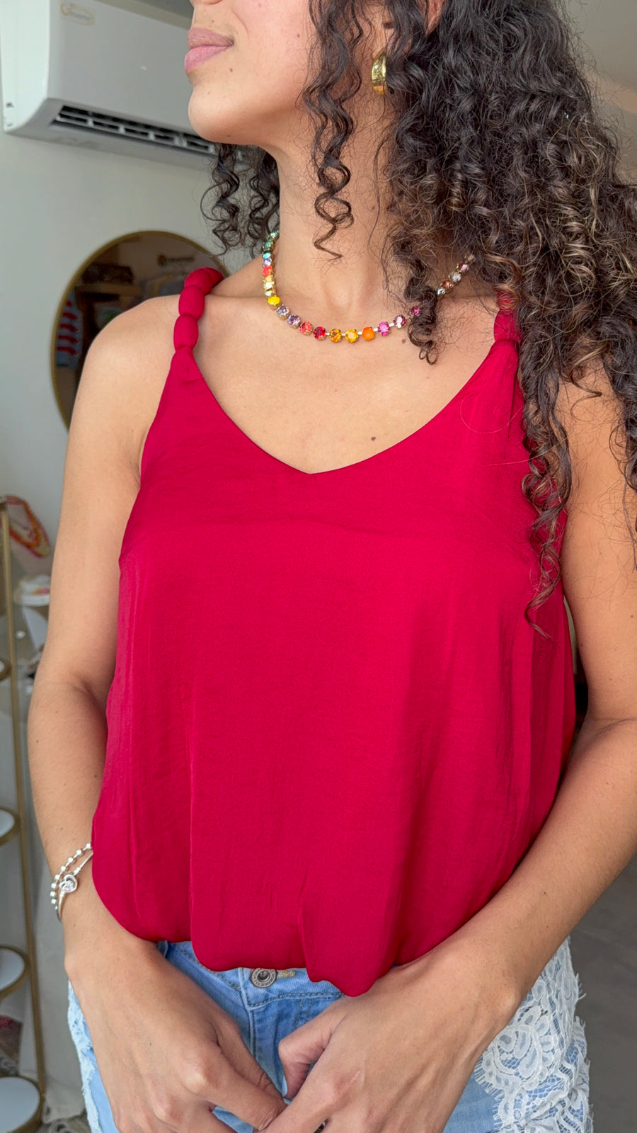 RED SATIN ELABORATED STRAP TANK BLOUSE