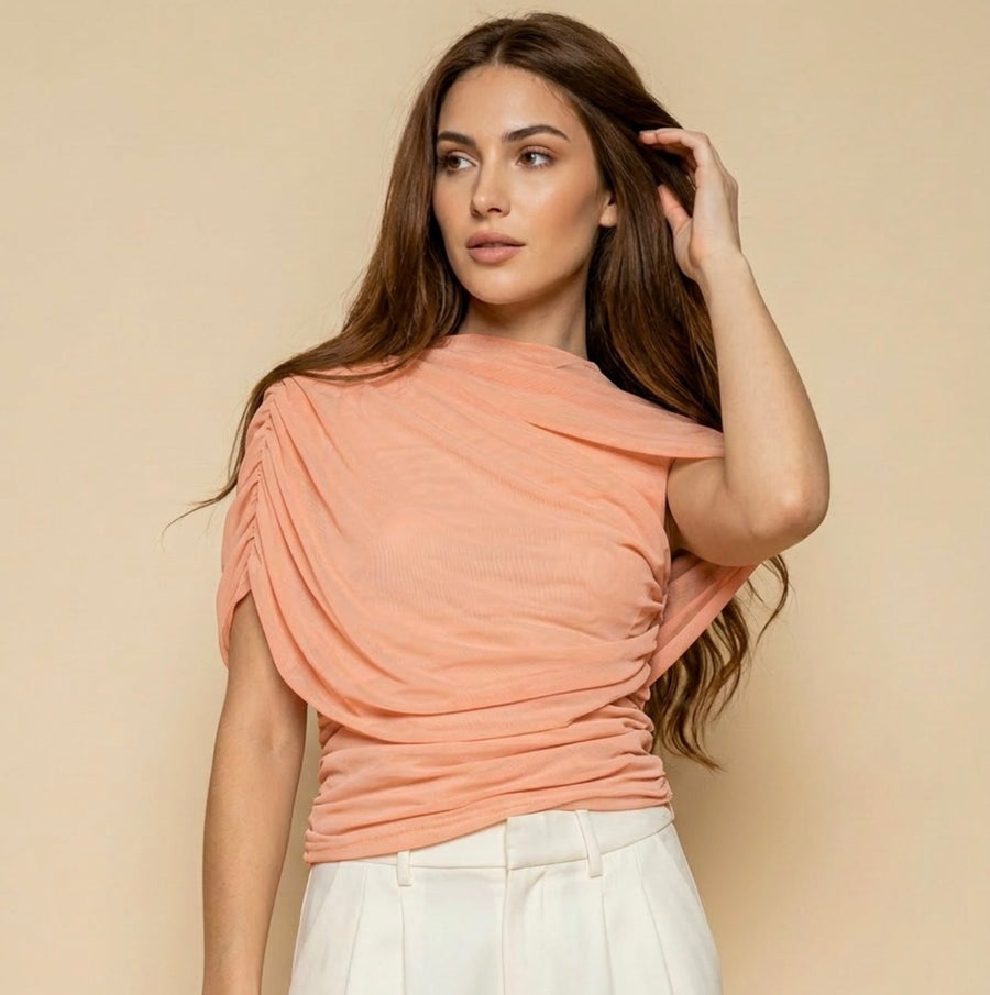 CORAL MESH RUCHED BLOUSE