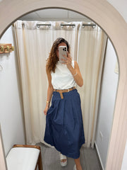 DENIM BELTED STRETCHY MIDI SKIRT