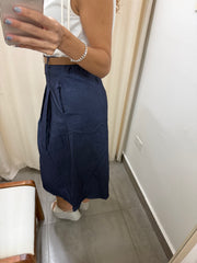 DENIM BELTED STRETCHY MIDI SKIRT