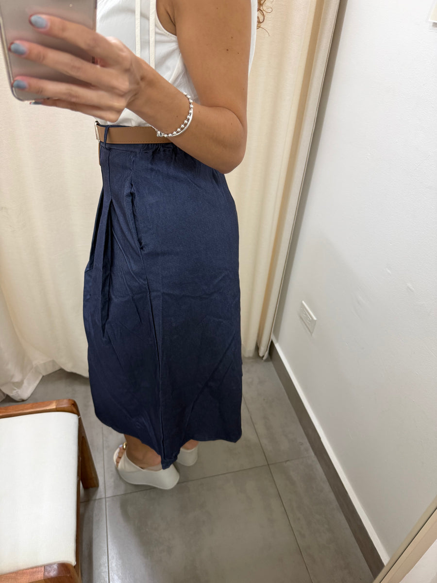 DENIM BELTED STRETCHY MIDI SKIRT