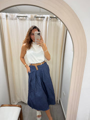 DENIM BELTED STRETCHY MIDI SKIRT