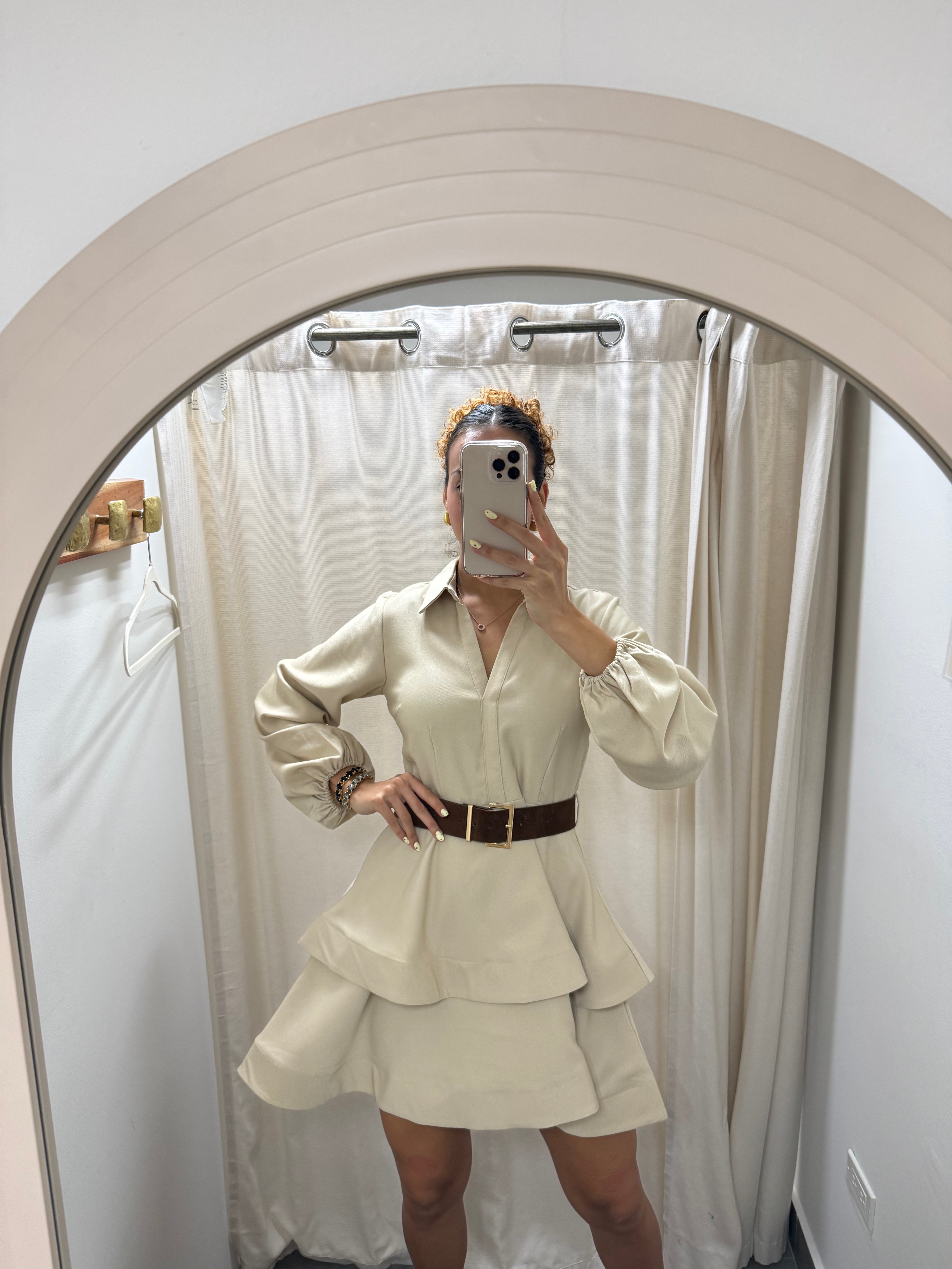TAN BELTED DRESS