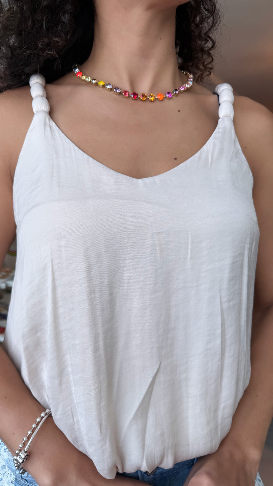 CREAM SATIN ELABORATED STRAP TANK BLOUSE