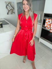 RED SATIN MIDI DRESS