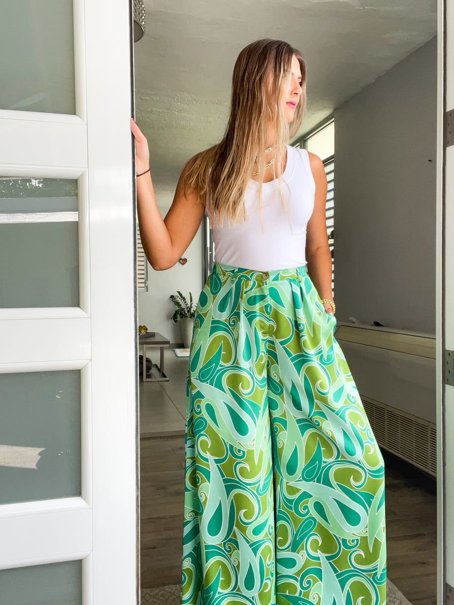 GREEN SATIN PRINT PALAZZOS