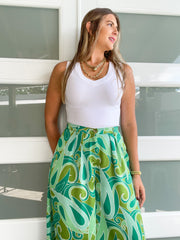 GREEN SATIN PRINT PALAZZOS