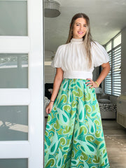 GREEN SATIN PRINT PALAZZOS
