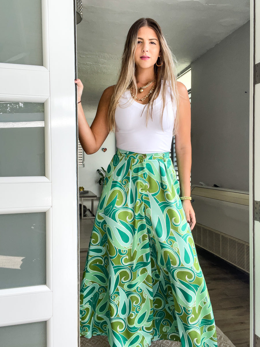 GREEN SATIN PRINT PALAZZOS