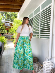 GREEN SATIN PRINT PALAZZOS
