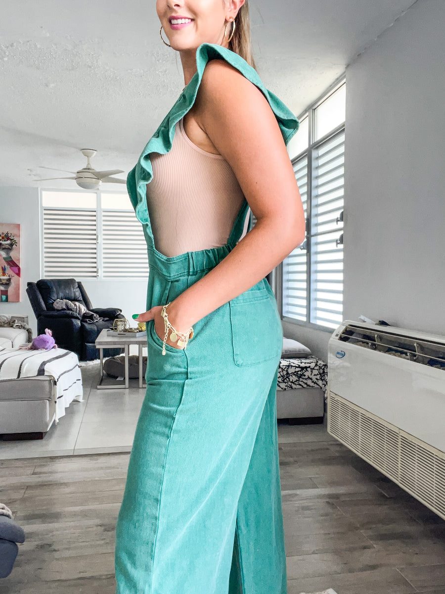 WASHED GREEN RUFFLE SLEEVES JUMPSUIT