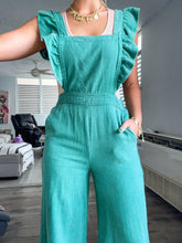 Load image into Gallery viewer, WASHED GREEN RUFFE SLEEVED JUMPSUIT
