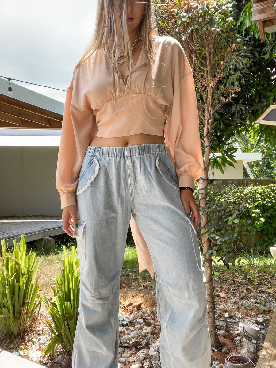 NUDE SATIN PLUNGE TOP