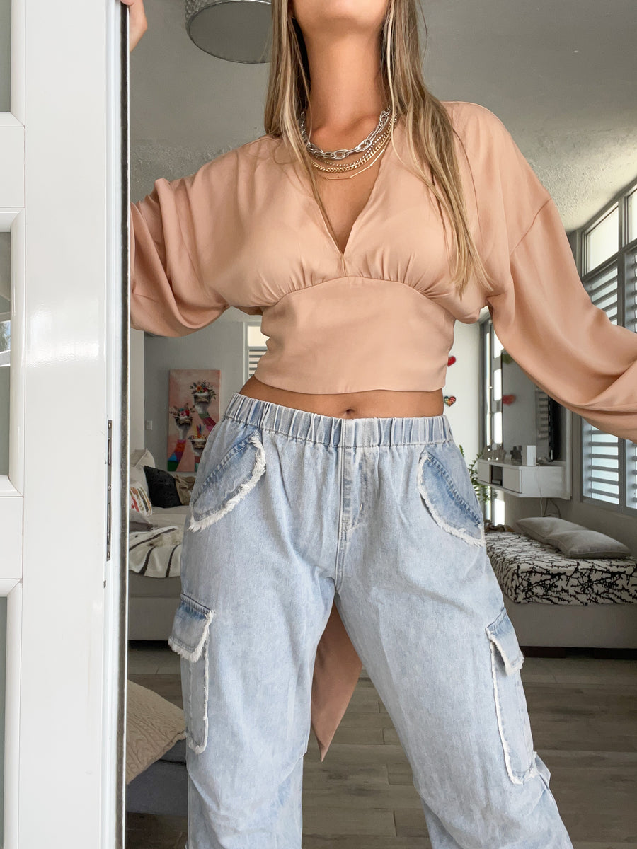 NUDE SATIN PLUNGE TOP