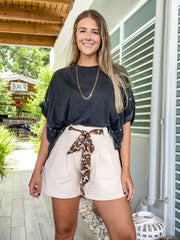 PLEATED SHORTS WITH SATIN LEOPARD BELT