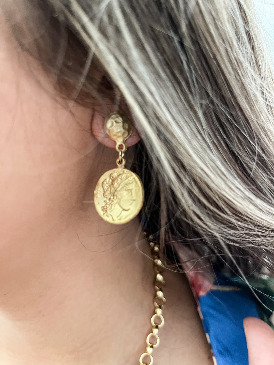 GOLD MATTE COIN DROP EARRINGS