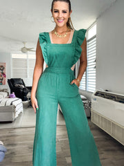 WASHED GREEN RUFFLE SLEEVES JUMPSUIT