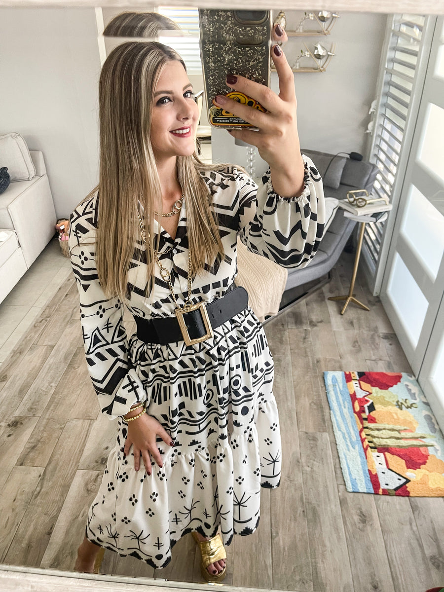 WHITE TRIBAL PRINT COLLARED RUFFLE DRESS