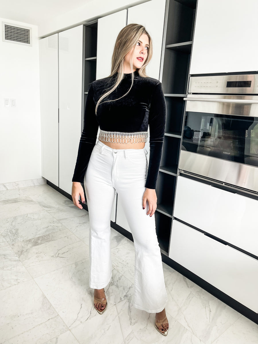 BLACK VELVET RHINESTONES CROP TOP