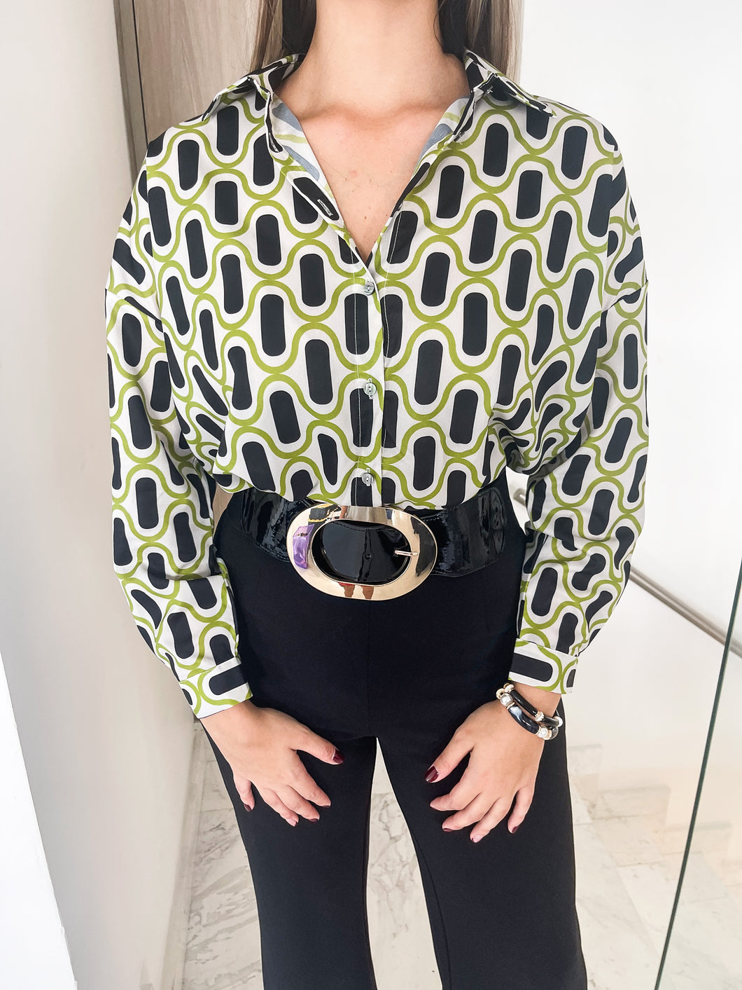 GROOVY GREEN PRINT LONG SLEEVE BUTTONED TOP