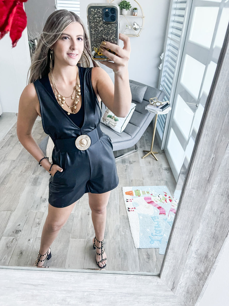 FAUX LEATHER V NECK POCKET ROMPER