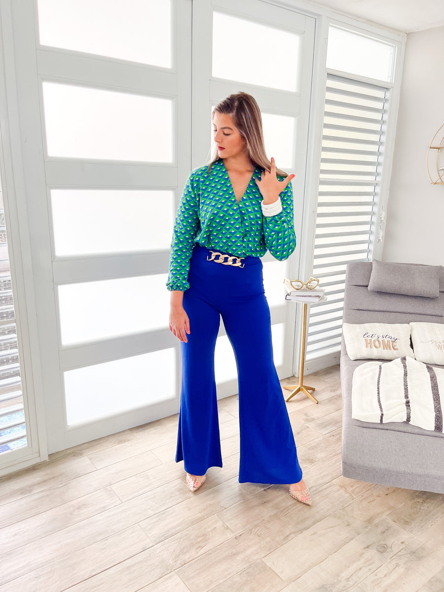 GREEN/BLUE V-NECK BLOUSE