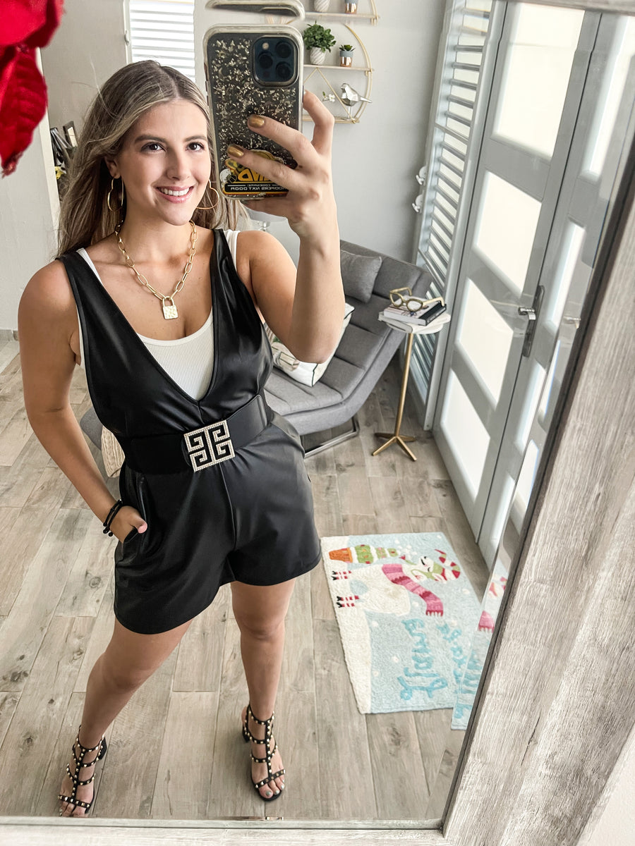 FAUX LEATHER V NECK POCKET ROMPER